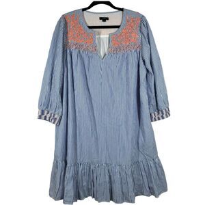 J. Crew Striped Embroidered Popover Shift Dress Ruffle Hem Preppy Coastal Large